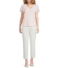 Calvin Klein Chiffon Crew Neck Short Flutter Sleeve Blouse