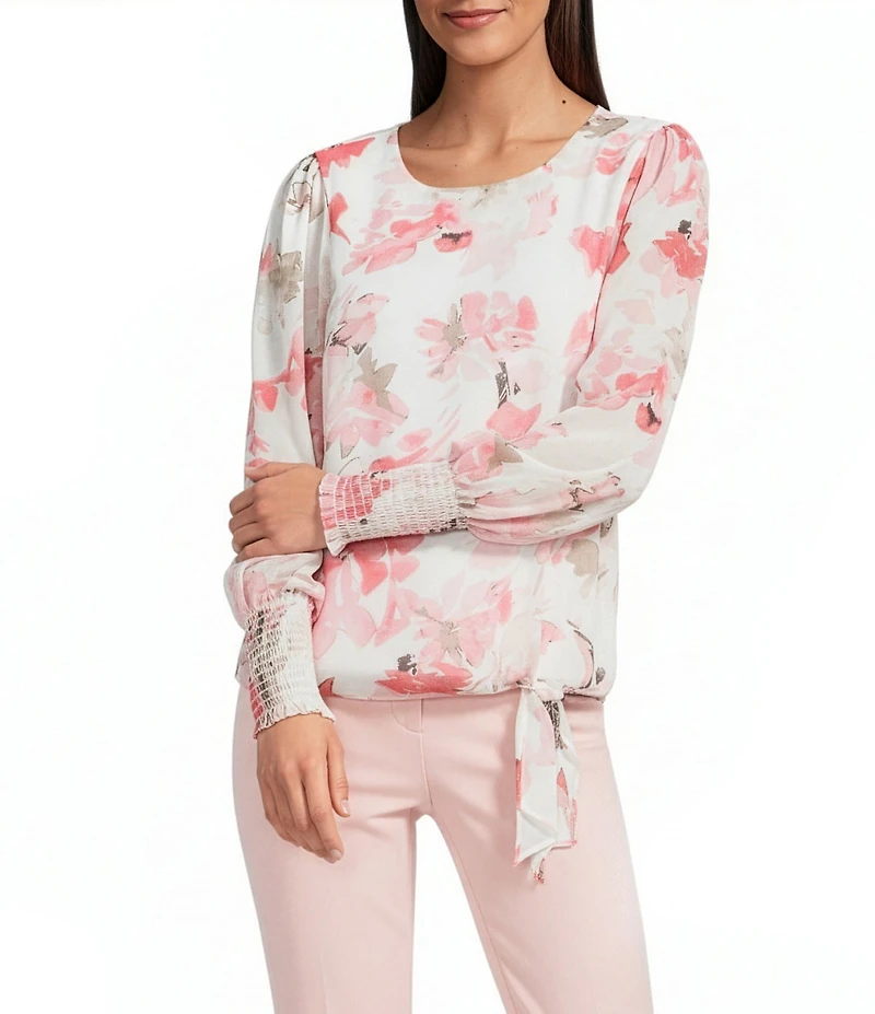 Calvin Klein Chiffon Floral Crew Neck Long Sleeve Smocked Cuff Tie-Front Blouse