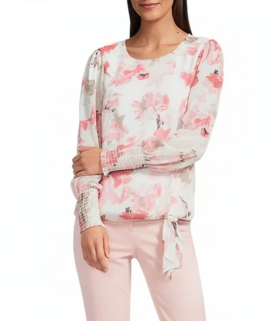 Calvin Klein Chiffon Floral Crew Neck Long Sleeve Smocked Cuff Tie-Front Blouse