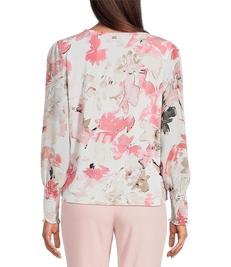 Calvin Klein Chiffon Floral Crew Neck Long Sleeve Smocked Cuff Tie-Front Blouse