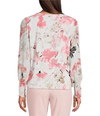 Calvin Klein Chiffon Floral Crew Neck Long Sleeve Smocked Cuff Tie-Front Blouse