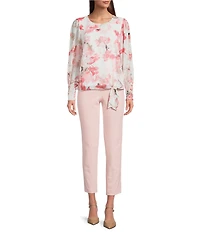Calvin Klein Chiffon Floral Crew Neck Long Sleeve Smocked Cuff Tie-Front Blouse