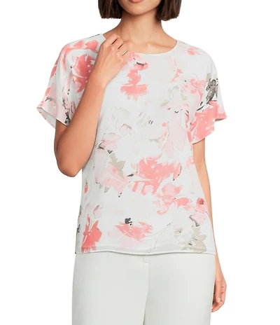 Calvin Klein Chiffon Floral Crew Neck Short Sleeve Blouse