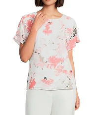 Calvin Klein Chiffon Floral Crew Neck Short Sleeve Blouse