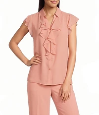 Calvin Klein Chiffon Flutter Sleeve Point Collar Ruffle Button Front Blouse