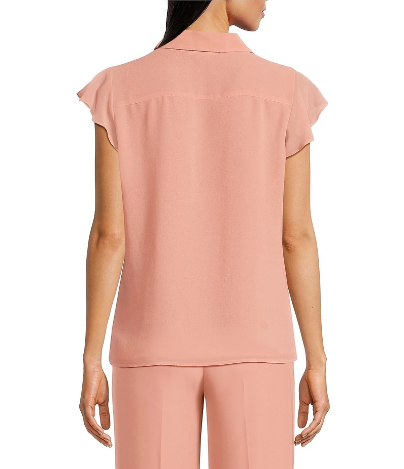 Calvin Klein Chiffon Flutter Sleeve Point Collar Ruffle Button Front Blouse