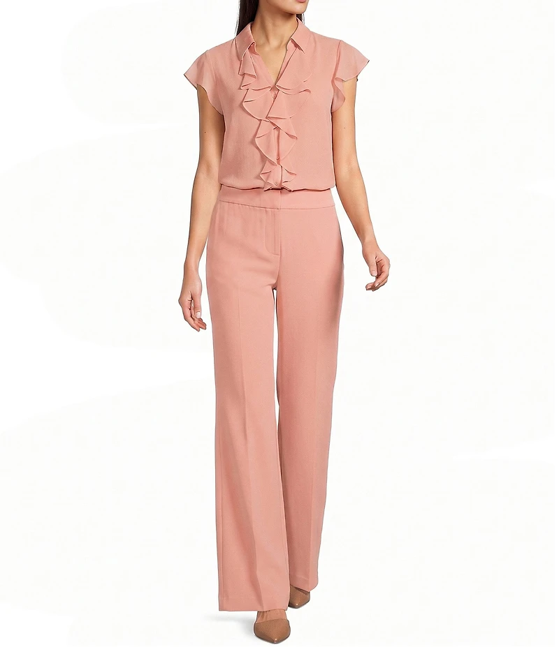 Calvin Klein Chiffon Flutter Sleeve Point Collar Ruffle Button Front Blouse