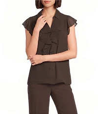 Calvin Klein Chiffon Flutter Sleeve Point Collar Ruffle Button Front Blouse