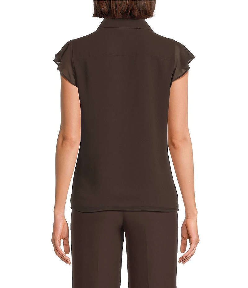 Calvin Klein Chiffon Flutter Sleeve Point Collar Ruffle Button Front Blouse