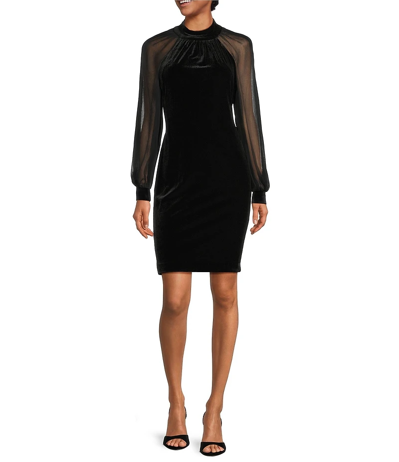 Calvin Klein Chiffon Long Balloon Sleeve Mock Neck Velvet Sheath Dress