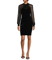 Calvin Klein Chiffon Long Balloon Sleeve Mock Neck Velvet Sheath Dress