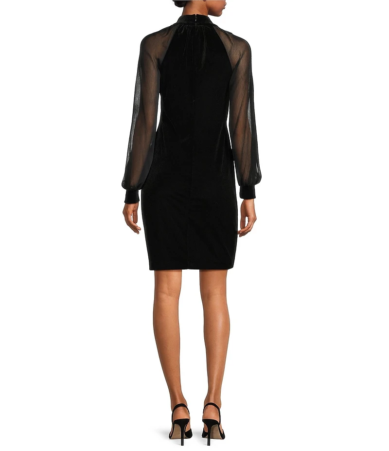 Calvin Klein Chiffon Long Balloon Sleeve Mock Neck Velvet Sheath Dress