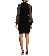 Calvin Klein Chiffon Long Balloon Sleeve Mock Neck Velvet Sheath Dress