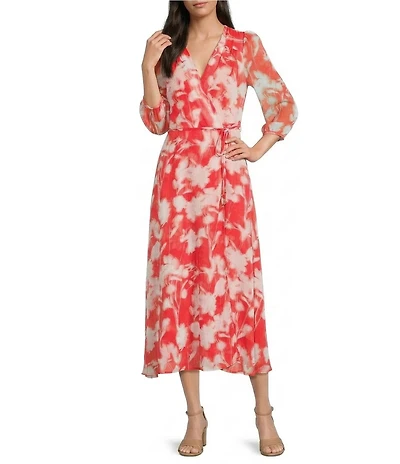 Calvin Klein Chiffon Long Sleeve Floral Print Midi Dress