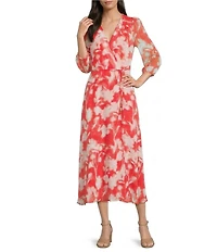 Calvin Klein Chiffon Long Sleeve Floral Print Midi Dress