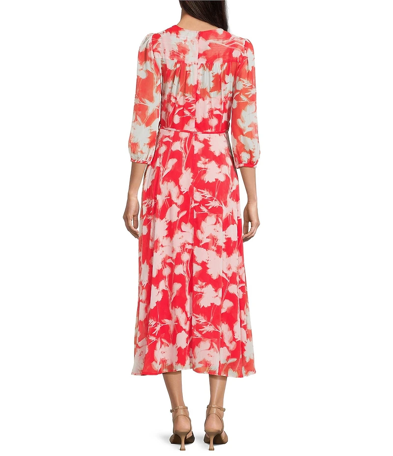 Calvin Klein Chiffon Long Sleeve Floral Print Midi Dress