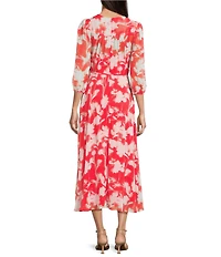 Calvin Klein Chiffon Long Sleeve Floral Print Midi Dress