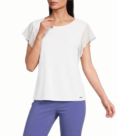 Calvin Klein Chiffon Mixed Media Crew Neck Cap Flutter Sleeve Top