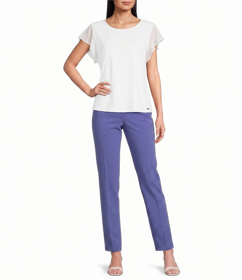 Calvin Klein Chiffon Mixed Media Crew Neck Cap Flutter Sleeve Top