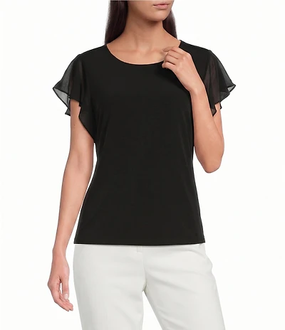 Calvin Klein Chiffon Mixed Media Crew Neck Cap Flutter Sleeve Top