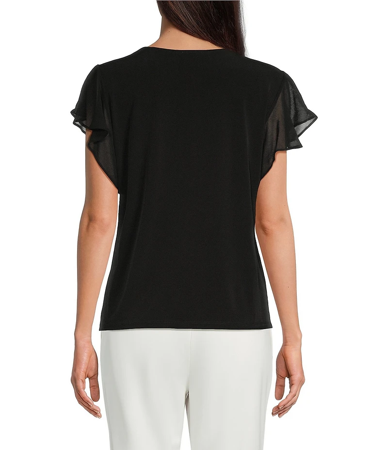 Calvin Klein Chiffon Mixed Media Crew Neck Cap Flutter Sleeve Top