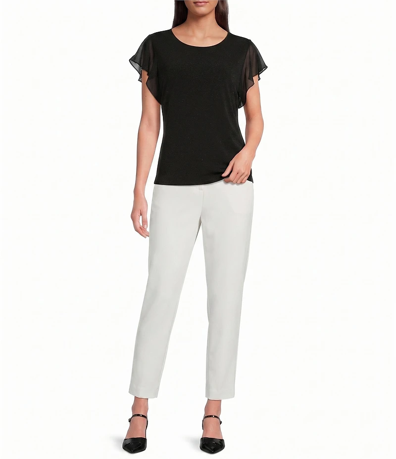 Calvin Klein Chiffon Mixed Media Crew Neck Cap Flutter Sleeve Top