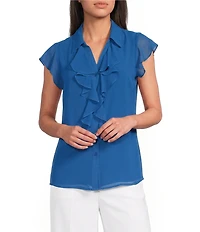 Calvin Klein Chiffon Point Collar Futter Cap Sleeve Ruffle Button Front Blouse