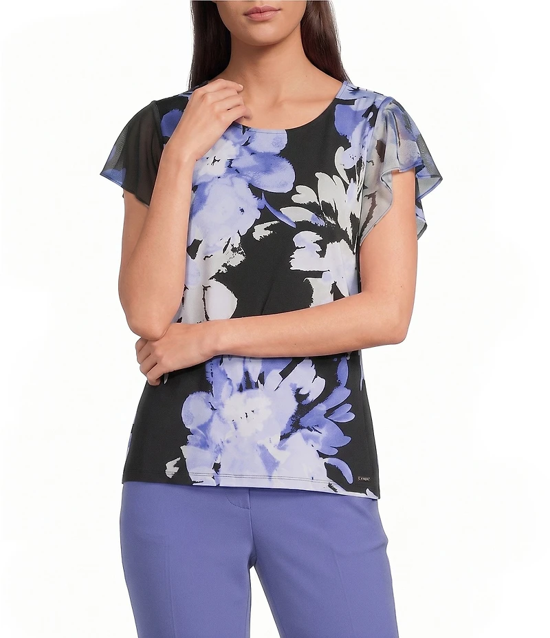 Calvin Klein Chiffon Printed Mixed Media Crew Neck Cap Flutter Sleeve Top