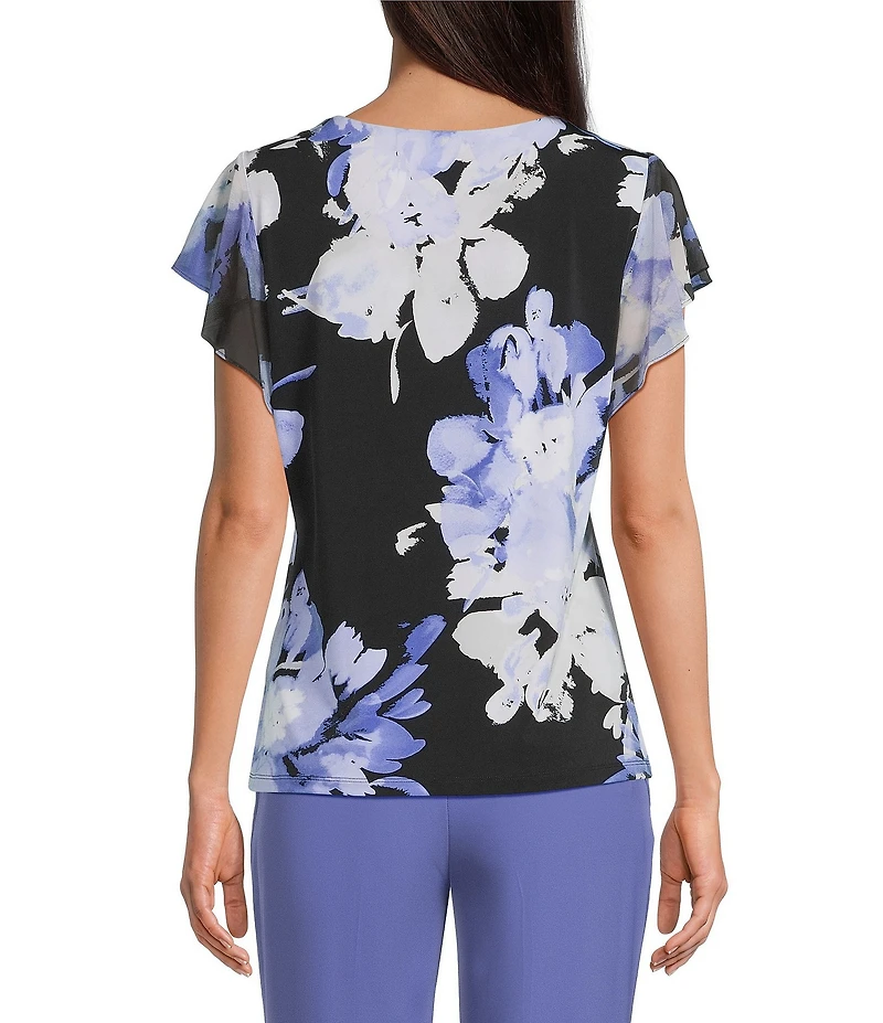 Calvin Klein Chiffon Printed Mixed Media Crew Neck Cap Flutter Sleeve Top