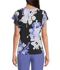 Calvin Klein Chiffon Printed Mixed Media Crew Neck Cap Flutter Sleeve Top