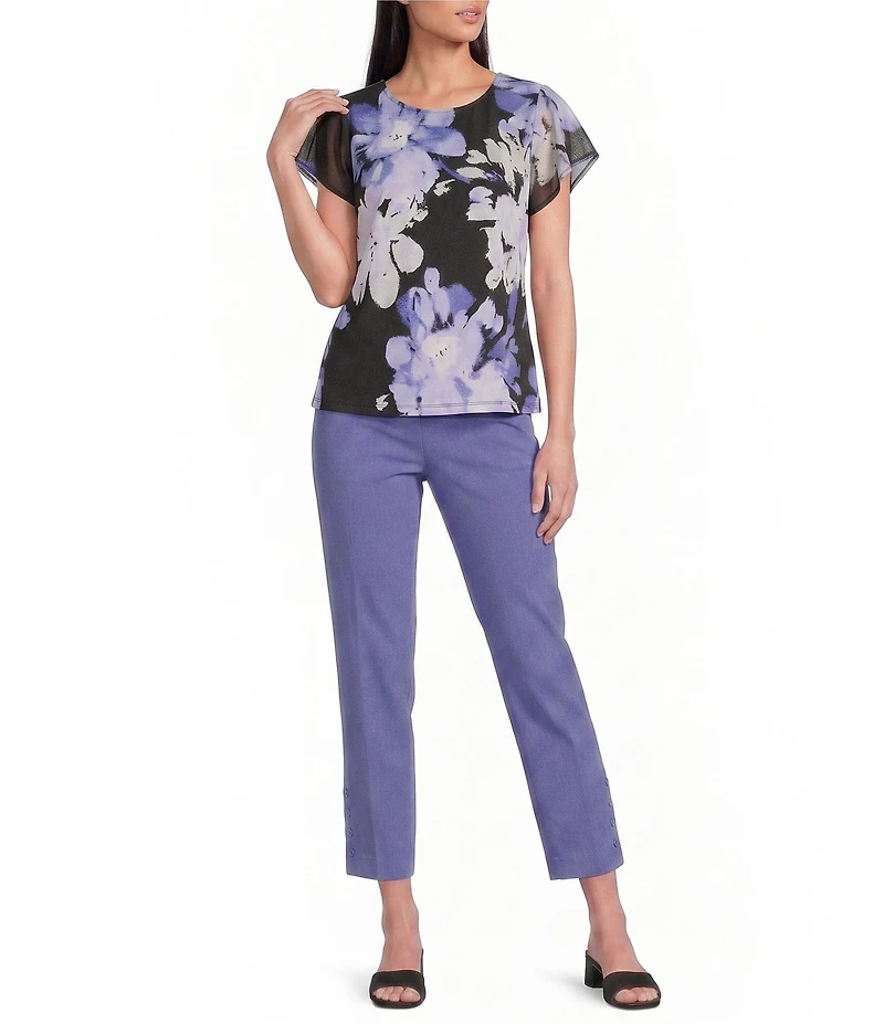 Calvin Klein Chiffon Printed Mixed Media Crew Neck Cap Flutter Sleeve Top