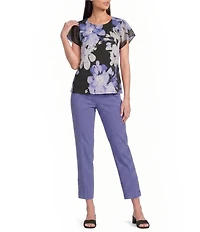 Calvin Klein Chiffon Printed Mixed Media Crew Neck Cap Flutter Sleeve Top