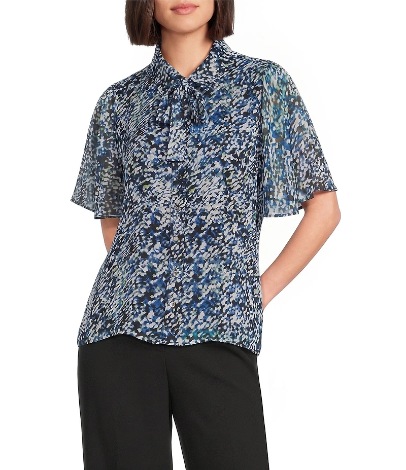 Calvin Klein Chiffon Printed Tie Neck Short Flutter Sleeve Button Front Blouse