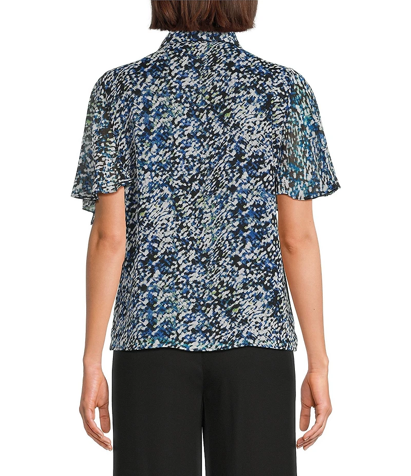 Calvin Klein Chiffon Printed Tie Neck Short Flutter Sleeve Button Front Blouse