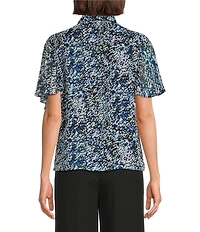 Calvin Klein Chiffon Printed Tie Neck Short Flutter Sleeve Button Front Blouse