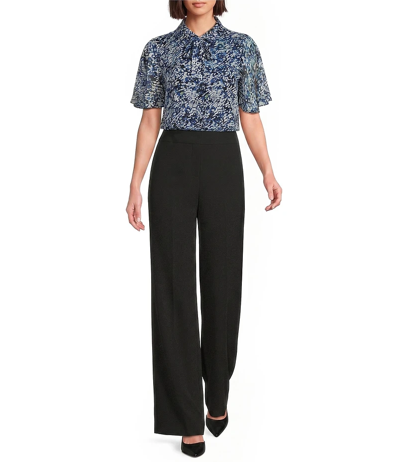 Calvin Klein Chiffon Printed Tie Neck Short Flutter Sleeve Button Front Blouse