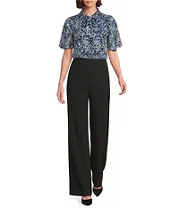 Calvin Klein Chiffon Printed Tie Neck Short Flutter Sleeve Button Front Blouse