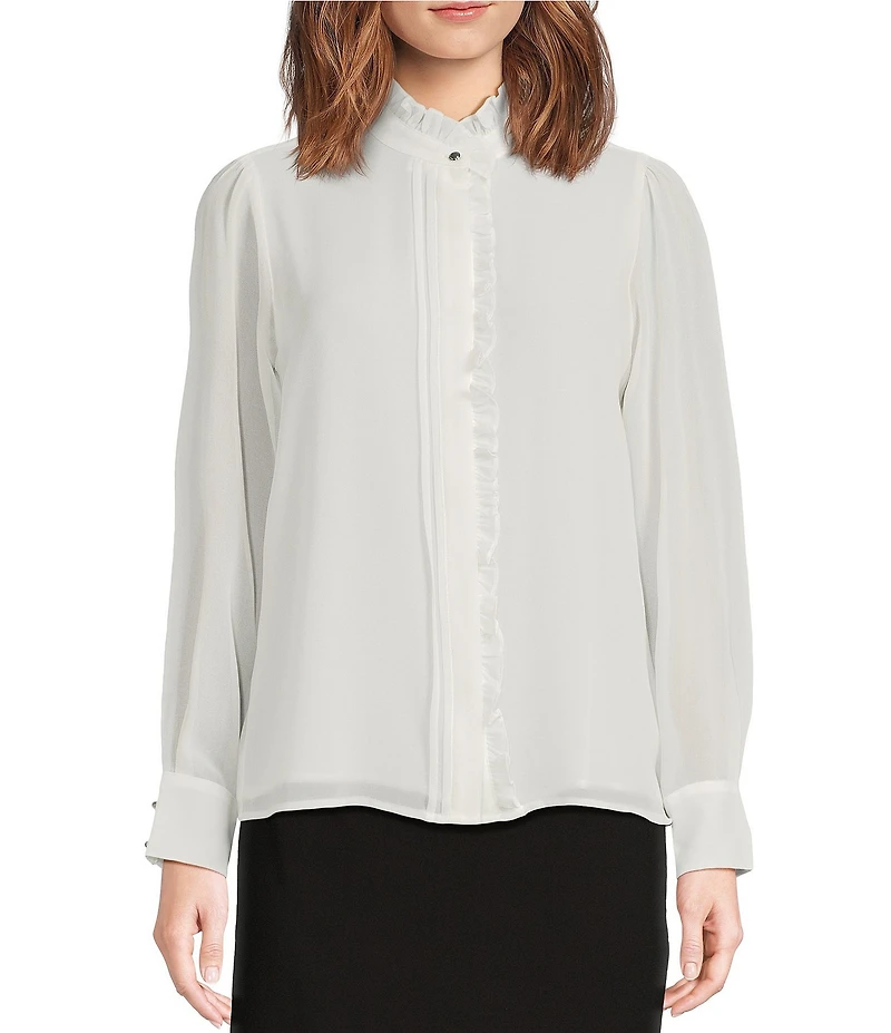 Calvin Klein Chiffon Ruffle Mock Neck Long Sleeve Button Front Blouse
