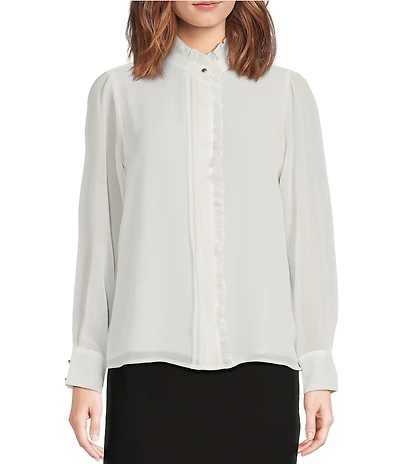 Calvin Klein Chiffon Ruffle Mock Neck Long Sleeve Button Front Blouse