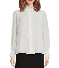 Calvin Klein Chiffon Ruffle Mock Neck Long Sleeve Button Front Blouse