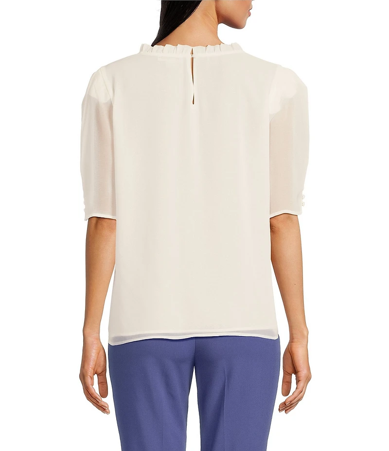 Calvin Klein Chiffon Ruffle Mock Neck Puff Sleeve Blouse