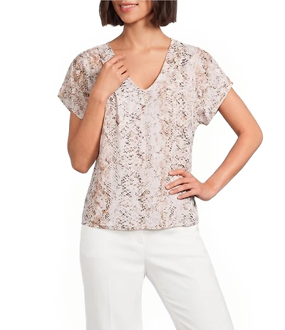 Calvin Klein Chiffon Snake Print V-Neck Short Flutter Sleeve Top