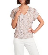 Calvin Klein Chiffon Snake Print V-Neck Short Flutter Sleeve Top