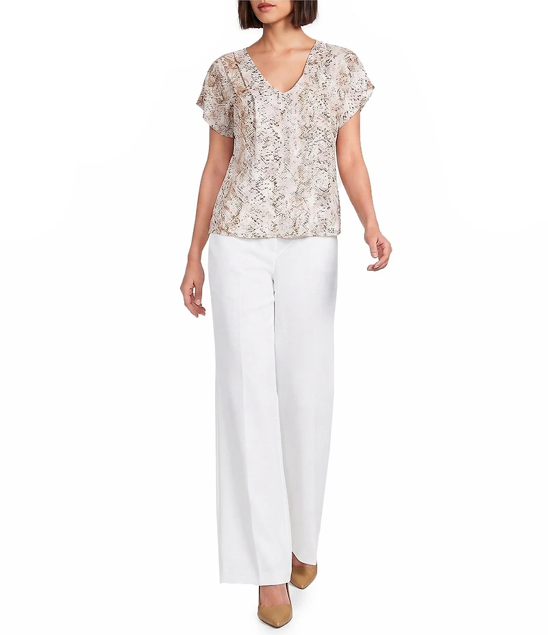 Calvin Klein Chiffon Snake Print V-Neck Short Flutter Sleeve Top