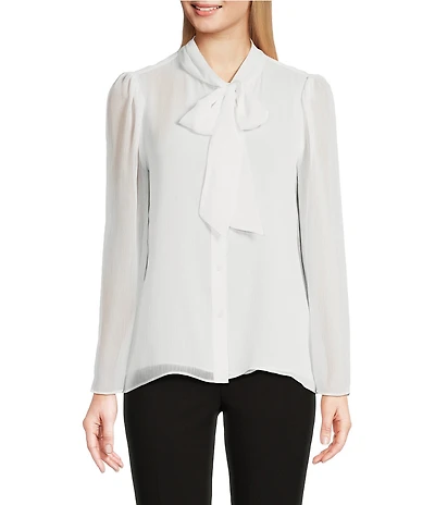 Calvin Klein Chiffon Tie-Neck Long Flare Sleeve Button Down Blouse