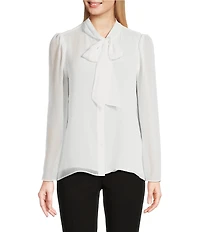 Calvin Klein Chiffon Tie-Neck Long Flare Sleeve Button Down Blouse