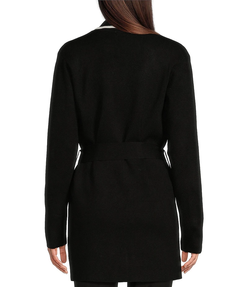 Calvin Klein Contrast Tie-Front Notch Lapel Long Sleeve Sweater