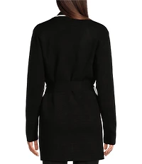 Calvin Klein Contrast Tie-Front Notch Lapel Long Sleeve Sweater