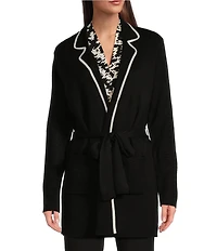 Calvin Klein Contrast Tie-Front Notch Lapel Long Sleeve Sweater