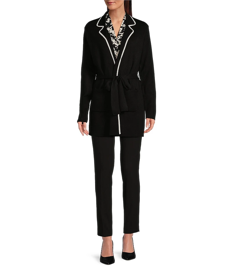 Calvin Klein Contrast Tie-Front Notch Lapel Long Sleeve Sweater